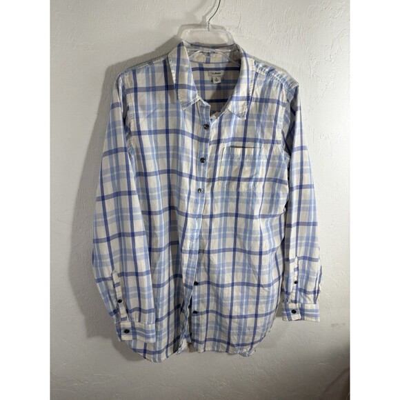 L.L. Bean Men’s Large White Blue Plaid Wrinkle Resistant Long Sleeve Shirt - Picture 8 of 9